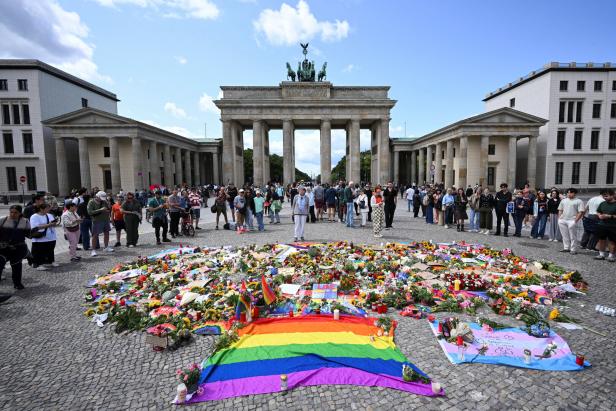 Makeshift memorial after a deadly incident near Berlin's annual Christopher Street Day Pride parade, in Berlin.