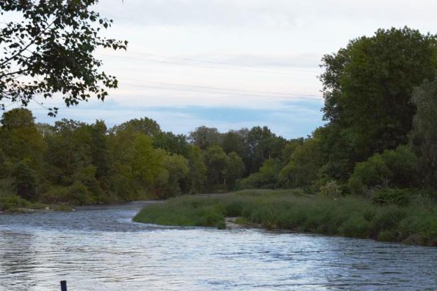 Mäandrierender Fluss mit dicht bewachsenen Ufern.
