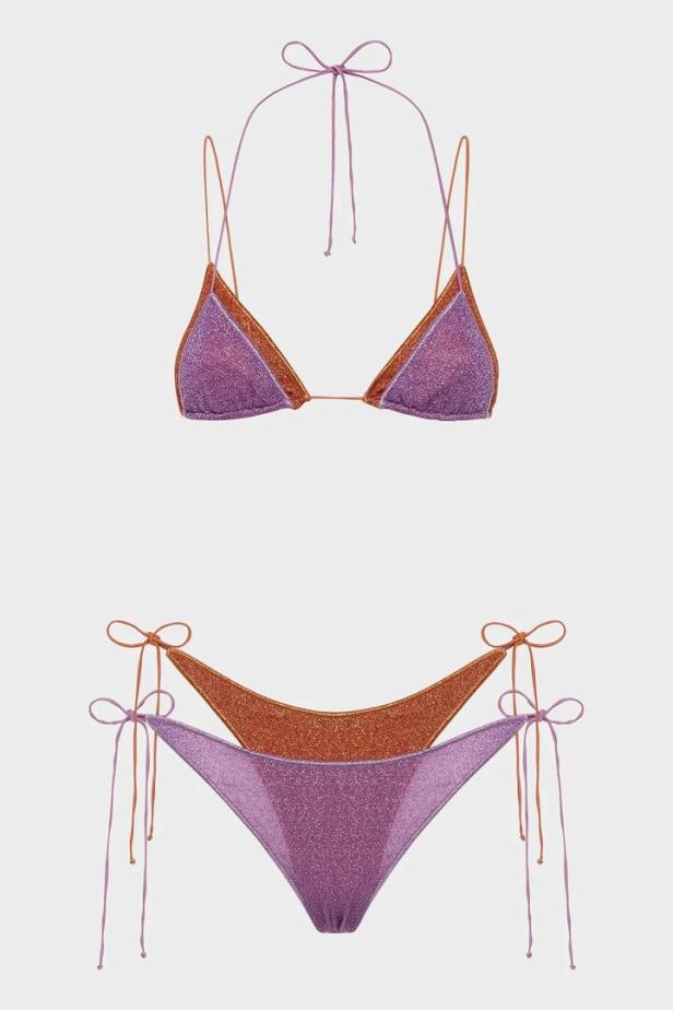 Glitzernder lila-orangefarbener Bikini mit Bindebändern.
