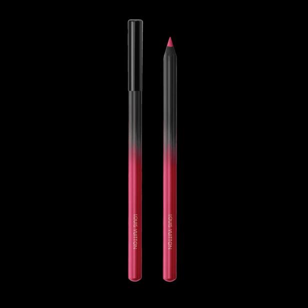 Ein Lippenkonturenstift von Louis Vuitton mit Farbverlauf von Schwarz zu Pink vor schwarzem Hintergrund.