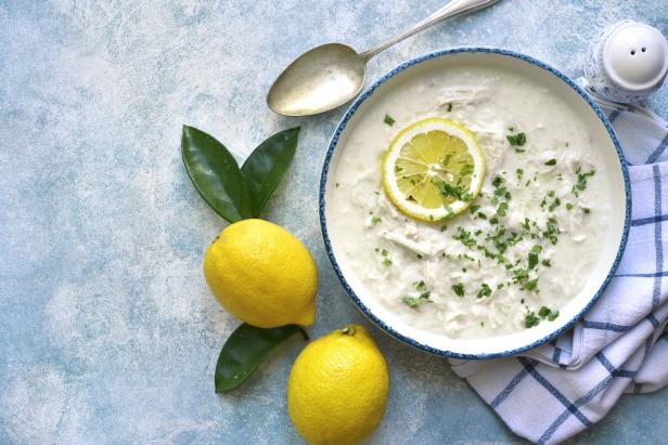 Avgolemono - traditional greek chicken soup with orzo pasta, eggs and lemon