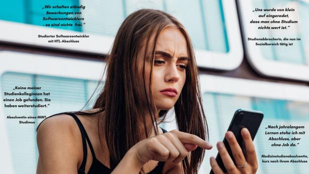 Junge Frau blickt frustriert auf ihr Smartphone, umgeben von Zitaten über erfolglose Jobsuche trotz Studium und Master.