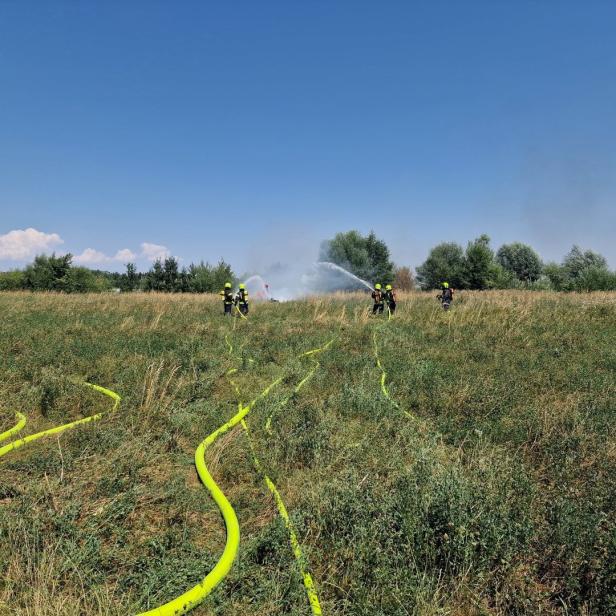 Feuerwehrleute löschen Gyrocopter