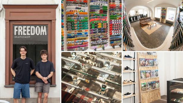 Zwei Männer vor dem Freedom-Skateshop, daneben Skateboards und Ladeninneneinrichtung.