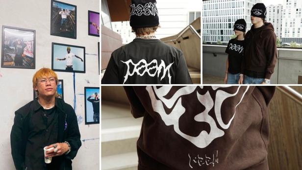 Junger Mann mit Mütze und schwarzem T-Shirt in Skate-Branding.