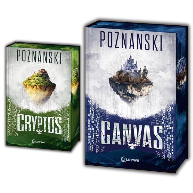 Die Bücher „Cryptos“ und „Canvas“ von Poznanski zeigen jeweils eine schwebende Insel mit Gebäuden vor einem digitalen Hintergrund im Loewe Verlag.