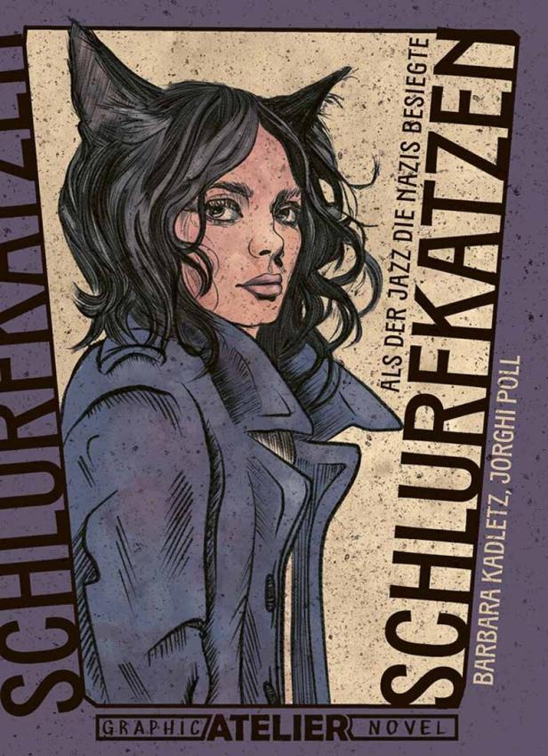 Illustration einer Frau mit Katzenohren und dunklen Haaren vor dem Titel „Schlurfenkatzen“.