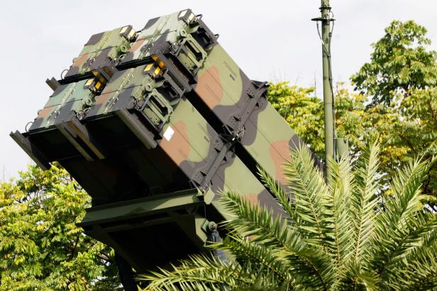 A Taiwanese military Patriot missile system is deployed in a local park during the annual Han Kuang military exercises in New Taipei City