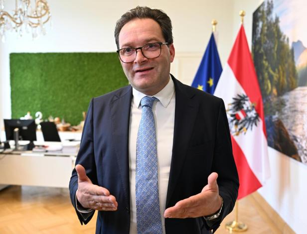 Mann im Anzug mit Brille spricht vor EU- und Österreich-Flagge in einem Büro.
