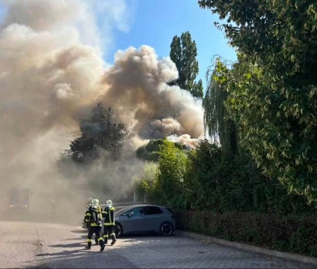 Feuerwehrleute gehen auf eine verqualmte Straße zu, hinter Bäumen steigt dichter Rauch auf.