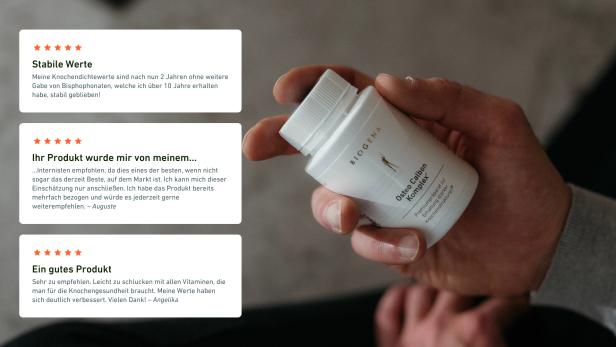 Reviews, die über gute Erfahrungen mit BIOGENA Osteo Komplex Gold berichten. Dose im Hintergrund.