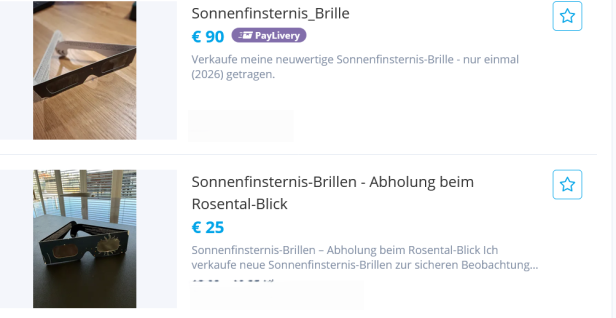Angebot für Sonnenfinsternis-Brillen auf einer Verkaufsseite.