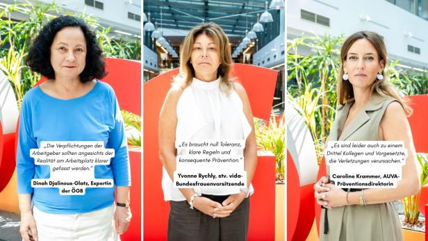Drei Frauen stehen in einem modernen Innenraum vor roten Formen, mit Zitaten und Namen als Einblendungen.