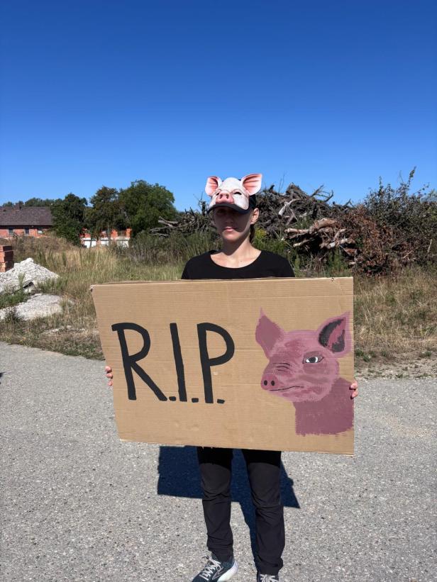 Tierschützerin mit Schweinemaske hält „R.I.P.“-Schild bei Mahnwache.