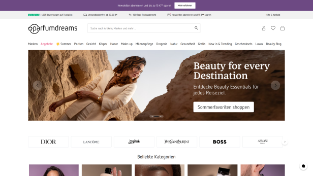 Parfumdreams-Startseite mit Werbebanner und Produktkategorien.