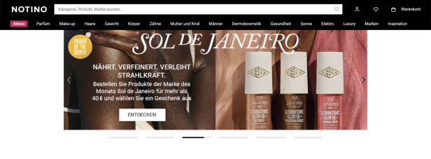 Screenshot eines Notino-Beauty-Onlineshops mit Sol de Janeiro-Banner.