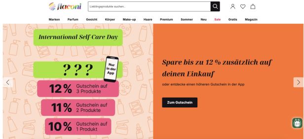 Flaconi-Startseite mit Self-Care-Day-Gutscheinbanner.