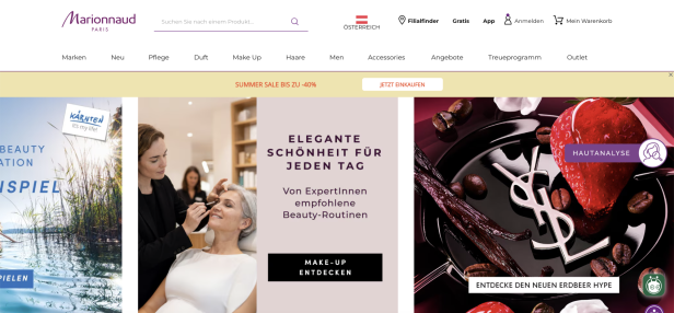 Marionnaud-Website mit Make-up-Beratung, Hautanalyse und Sale-Banner.