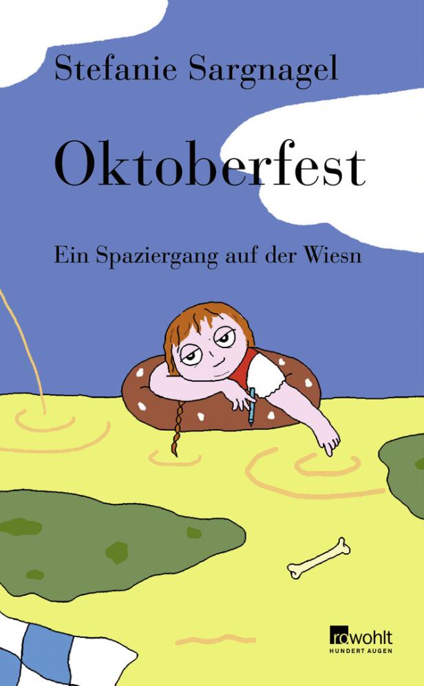 Buchcover „Oktoberfest“ von Stefanie Sargnagel mit Comicfigur auf der Wiesn und rohwolt-Logo.