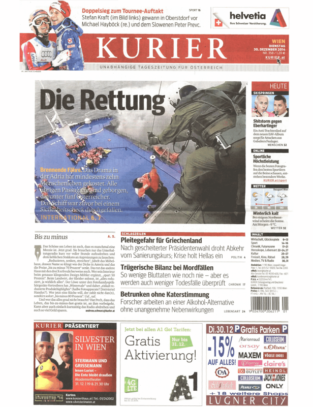 Titelseite des Kurier vom 30. Dezember 2014 mit Nachrichten über Skispringen und eine Schiffsrettung.