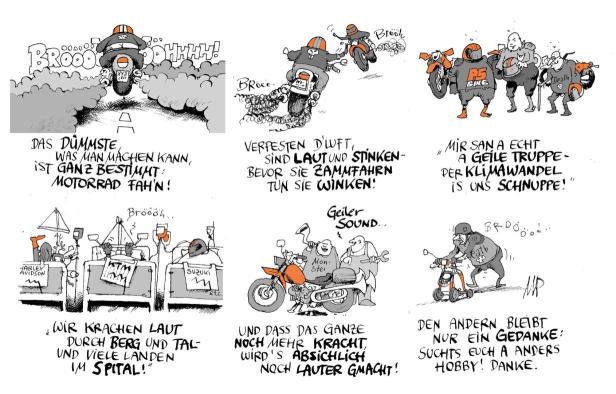 Karikaturtafel mit lauten Motorradfahrern und kritischen Sprüchen.