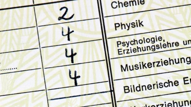 Ein Zeugnis mit den Noten 2 und 4 in verschiedenen Fächern wie Chemie und Physik.
