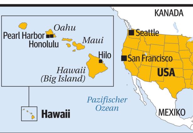 Eine Karte, die Hawaii und einen Teil der Westküste Nordamerikas zeigt.