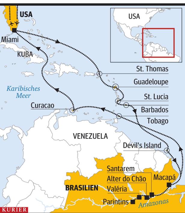 Eine Karte zeigt eine Reiseroute von Miami über die Karibik nach Brasilien und den Amazonas.