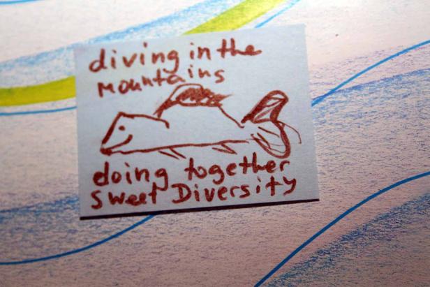 Eine Notiz mit einer Zeichnung eines Fisches und den Worten „diving in the mountains, doing together sweet Diversity“.