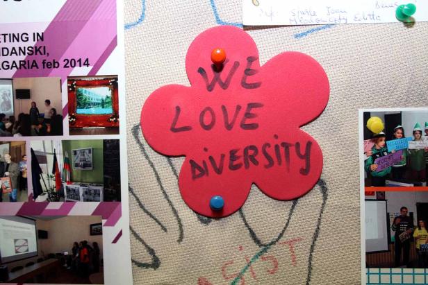 Eine rote Blume mit der Aufschrift „We Love Diversity“ ist an eine Pinnwand geheftet.