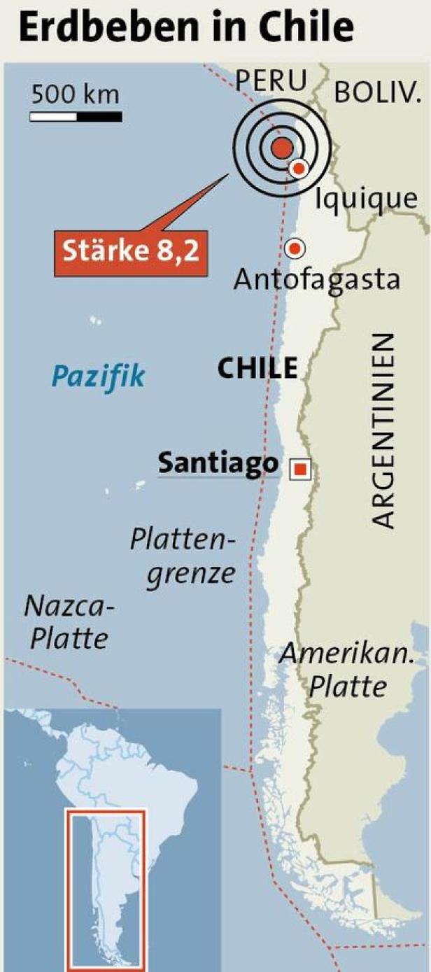 Eine Karte von Chile, die das Erdbebengebiet und die Stärke 8,2 zeigt.