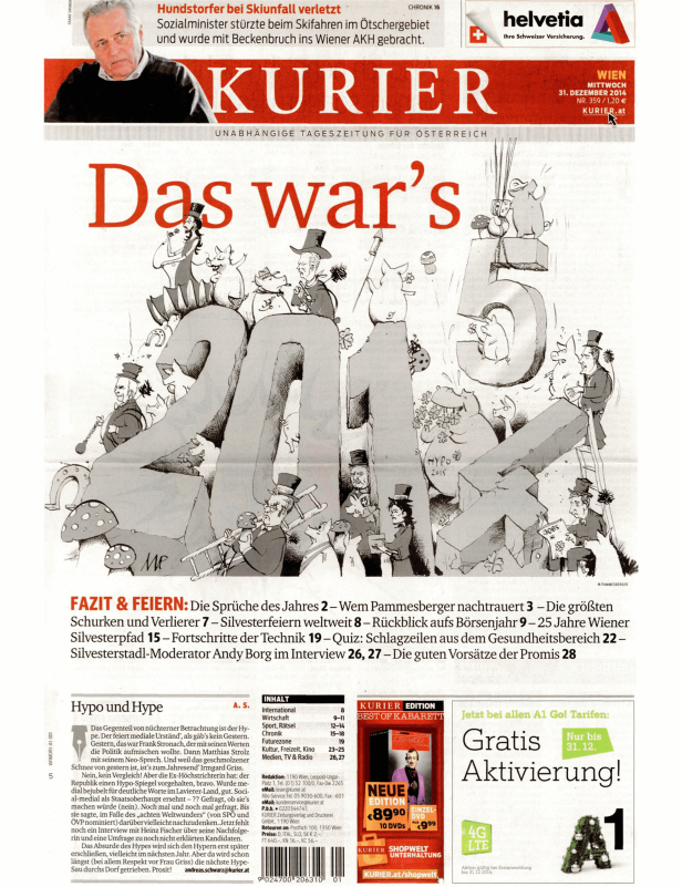 Karikatur zum Jahreswechsel im Kurier mit Schweinen, Glücksbringern und Politikern.