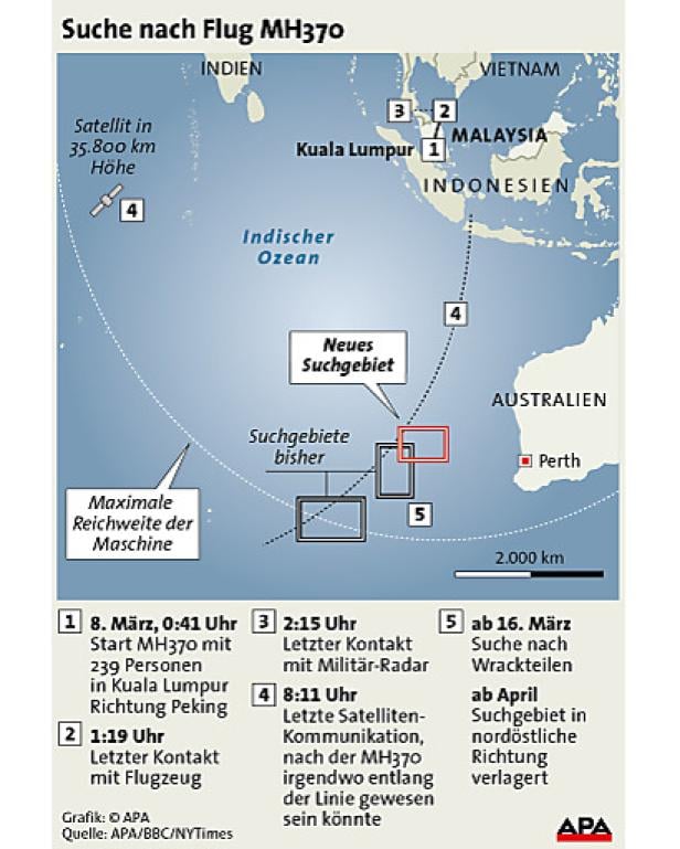 Eine Karte, die die Suche nach Flug MH370 im Indischen Ozean zeigt.