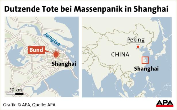 Eine Karte von Shanghai und China, die den Ort einer Massenpanik am Bund zeigt.