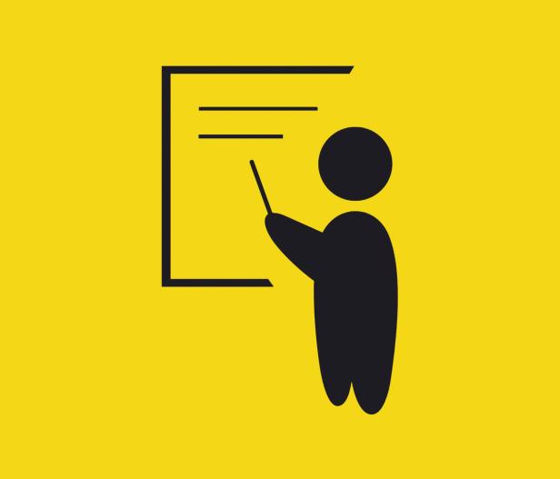 Eine stilisierte Person präsentiert Informationen auf einer Tafel.