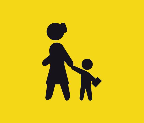 Eine stilisierte Darstellung einer Frau, die ein Kind an der Hand hält.