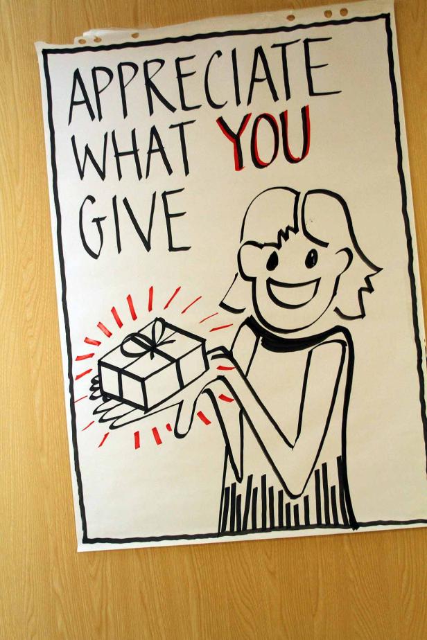 Eine Zeichnung mit der Aufschrift „Appreciate What You Give“ und einer Person mit einem Geschenk.