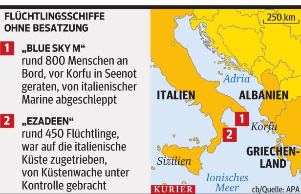 Eine Karte, die die Routen der Flüchtlingsschiffe „Blue Sky M“ und „Ezadeen“ im Mittelmeer zeigt.
