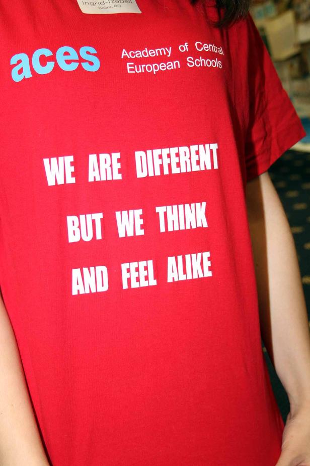 Eine Person trägt ein rotes T-Shirt mit der Aufschrift „We are different but we think and feel alike“ und dem Logo von ACES.