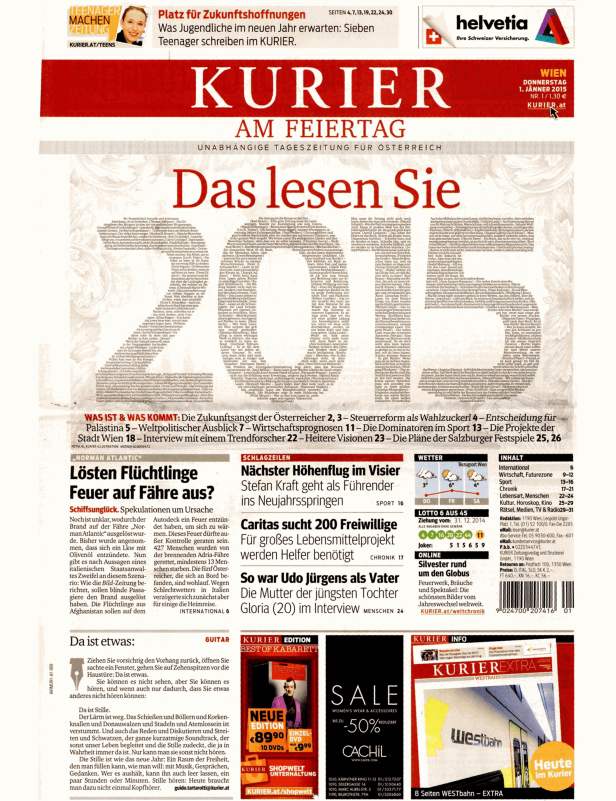 Titelseite der Zeitung „Kurier“ vom 1. Januar 2015.