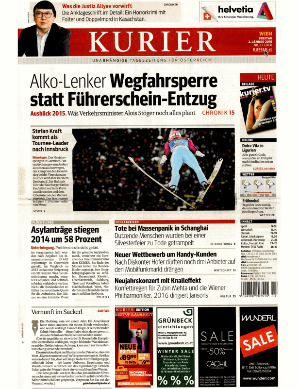 Titelseite des Kurier vom 2. Januar 2015 mit Schlagzeilen zu verschiedenen Themen.