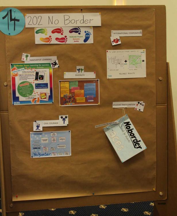 Eine Pinnwand mit Informationen über das „No Border“-Projekt, einschließlich Zielen und Teamarbeit.