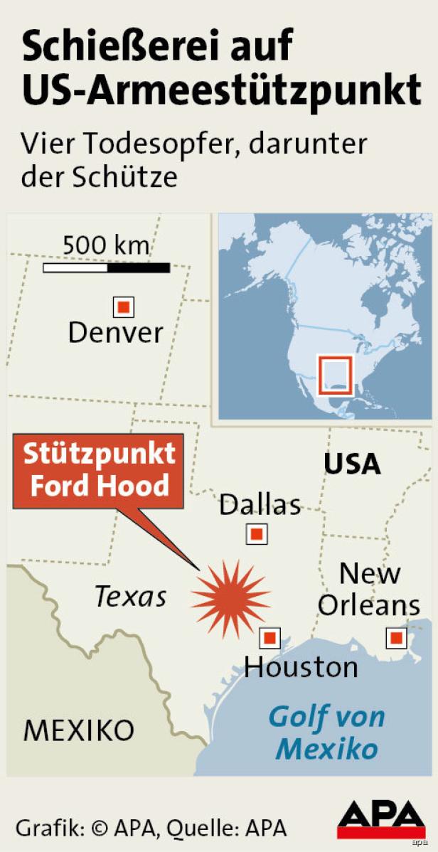 Eine Karte der USA, die den Standort des Stützpunkts Ford Hood in Texas hervorhebt.