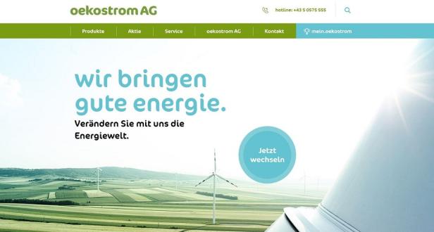 Oekostrom.at - Startseite - Redesign Die Webseite von oekostrom AG mit dem Slogan „wir bringen gute energie“ und Windrädern im Hintergrund.