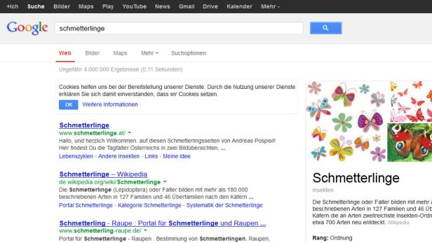 Ein Screenshot der Google-Suchergebnisse für den Suchbegriff „Schmetterlinge“.