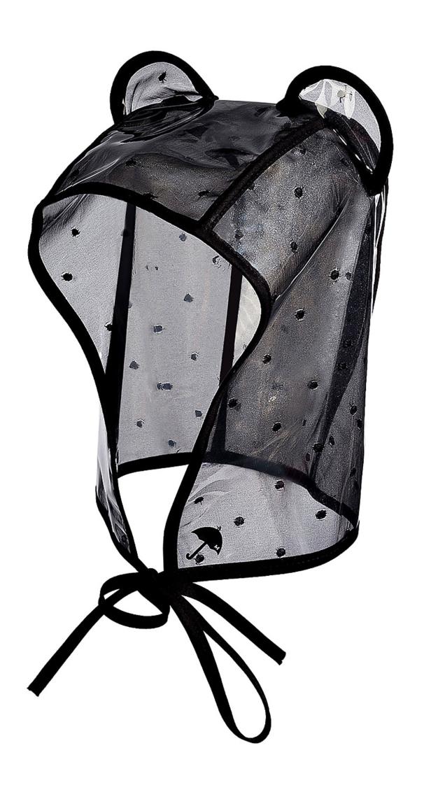 Ein durchsichtiger, schwarzer Regenhut mit Ohren und Punktmuster.