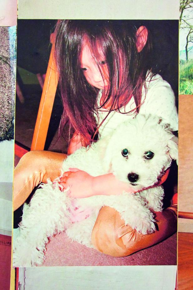 Ein junges Mädchen hält einen kleinen, weißen Hund im Arm.