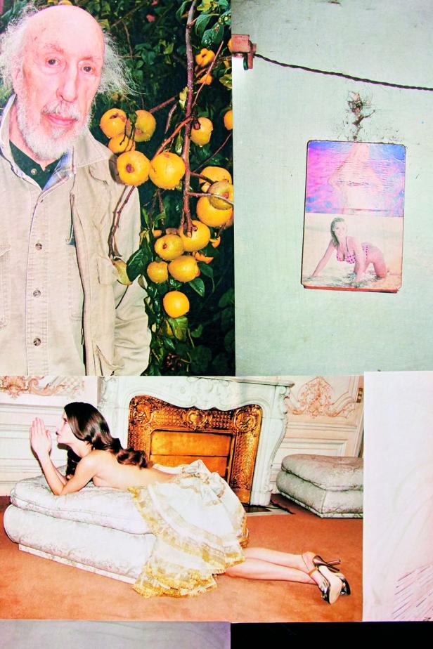 Eine Collage mit einem älteren Mann, Quitten, einer Frau am Strand und einer Frau vor einem Kamin.