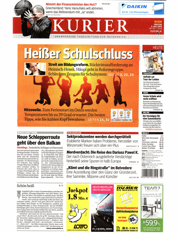 Titelseite des Kurier vom 3. Juli 2015 mit Artikeln zu Hitze, Schleppern und Bildungspolitik.