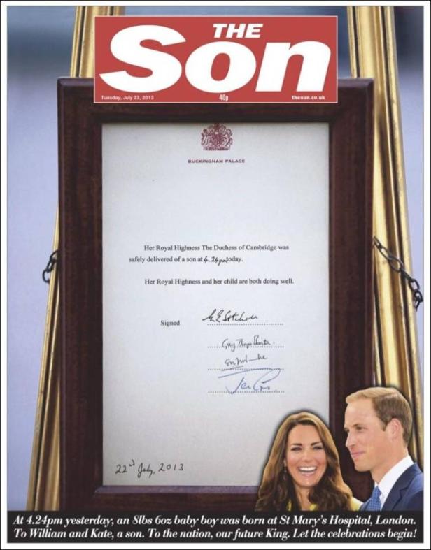 Titelseite der „The Sun“ vom 23. Juli 2013 mit der Bekanntgabe der Geburt von Prinz George.